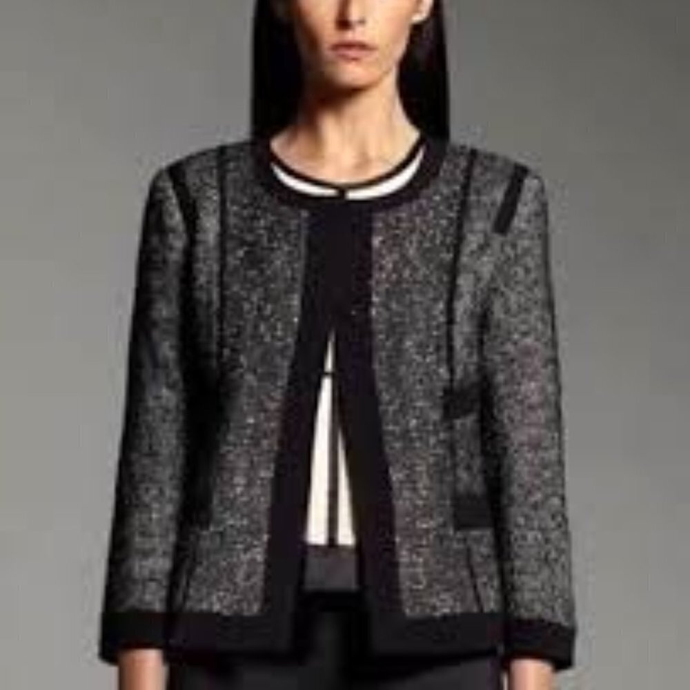 Narcisco Rodriguez Tweed Jacket Womens XL Black Grey Collarless Metallic Thread